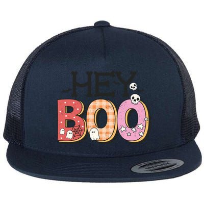 Retro Hey Boo Cute Ghost Funny Halloween Cute Gift Flat Bill Trucker Hat