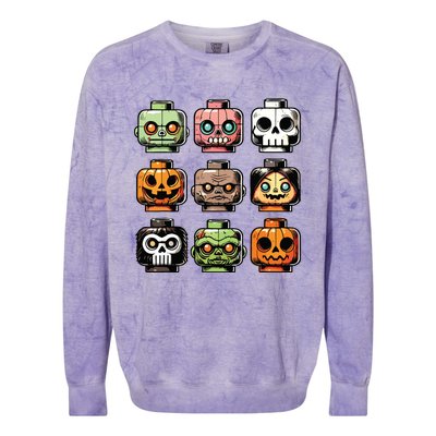 Retro Horror Bricks Head Scary Halloween Mask Colorblast Crewneck Sweatshirt