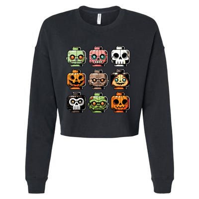 Retro Horror Bricks Head Scary Halloween Mask Cropped Pullover Crew