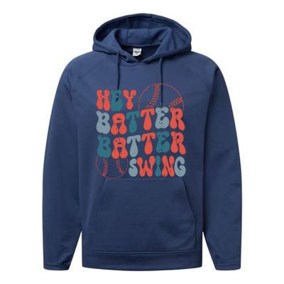 Retro Hey Batter Batter Swing Funny Baseball Wo Performance Fleece Hoodie