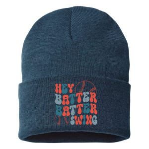 Retro Hey Batter Batter Swing Funny Baseball Wo Sustainable Knit Beanie