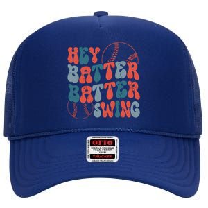 Retro Hey Batter Batter Swing Funny Baseball Wo High Crown Mesh Back Trucker Hat