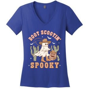 Retro Halloween Cow Ghost Western Boot Scootin Spooky Gift Women's V-Neck T-Shirt