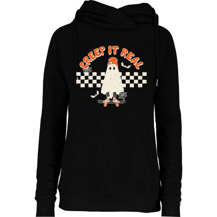 Retro Halloween Creep It Real Vintage Ghost Halloween Womens Funnel Neck Pullover Hood