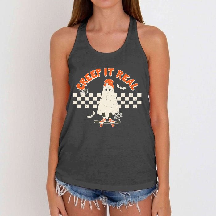 Retro Halloween Creep It Real Vintage Ghost Halloween Women's Knotted Racerback Tank