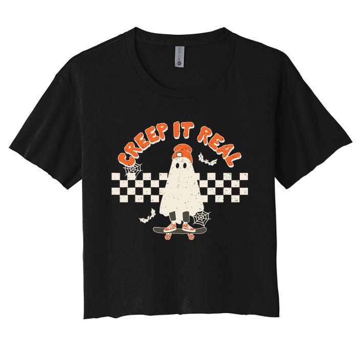 Retro Halloween Creep It Real Vintage Ghost Halloween Women's Crop Top Tee