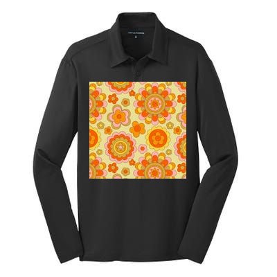 Retro Hippie Colorful Floral Pattern Silk Touch Performance Long Sleeve Polo