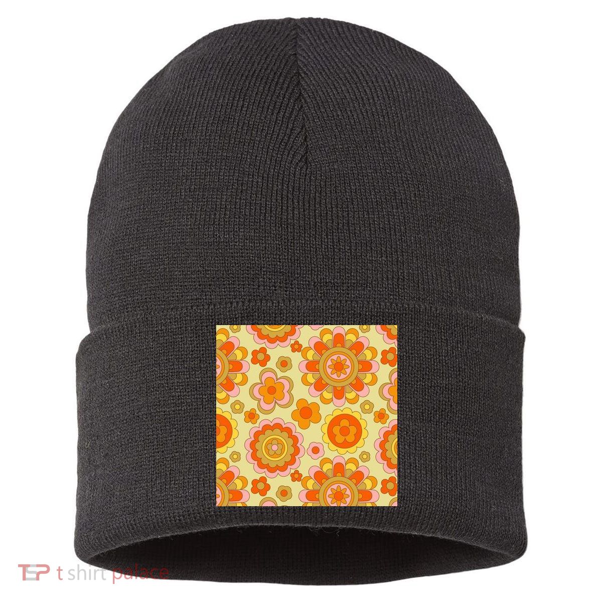Retro Hippie Colorful Floral Pattern Sustainable Knit Beanie