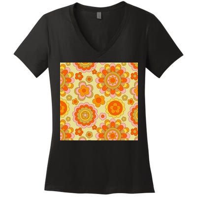 Retro Hippie Colorful Floral Pattern Women's V-Neck T-Shirt