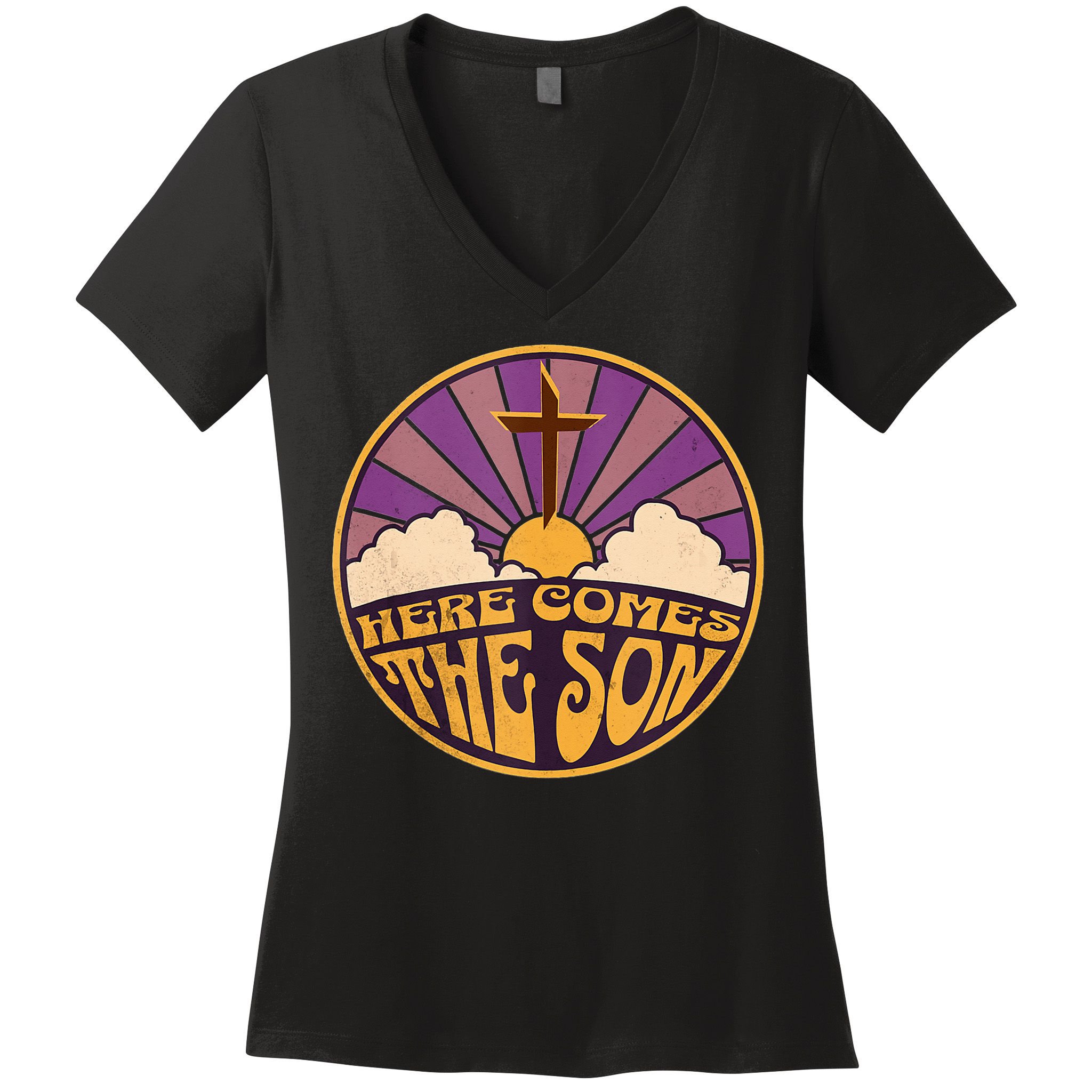 Retro Here Comes The Son Jesus People Revolution Christian Women's V-Neck T-Shirt
