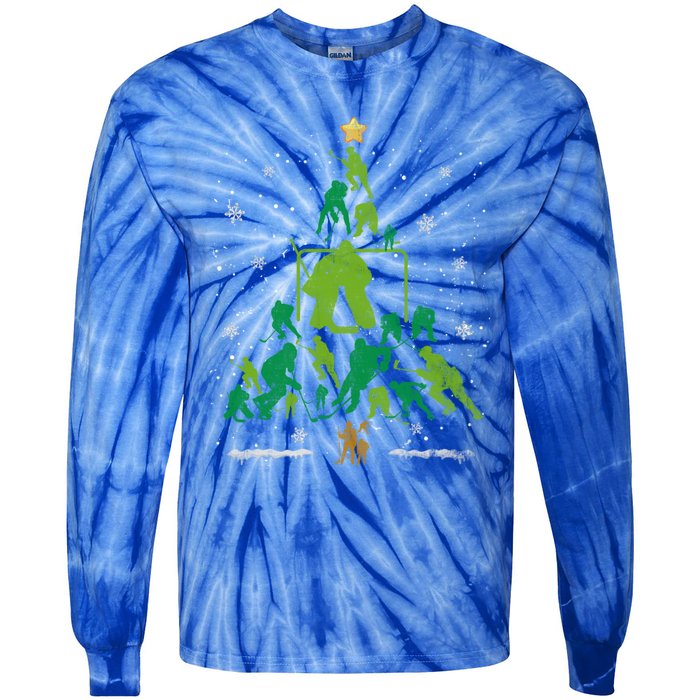 Retro Hockey Christmas Tree Xmas Hockey Player Lover Gift Tie-Dye Long Sleeve Shirt