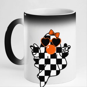 Retro Halloween Checkered Ghost Bow Cute Girly Ghost Bubble 11oz Black Color Changing Mug