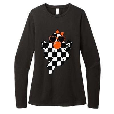 Retro Halloween Checkered Ghost Bow Cute Girly Ghost Bubble Womens CVC Long Sleeve Shirt