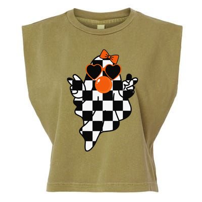 Retro Halloween Checkered Ghost Bow Cute Girly Ghost Bubble Garment-Dyed Women's Muscle Tee