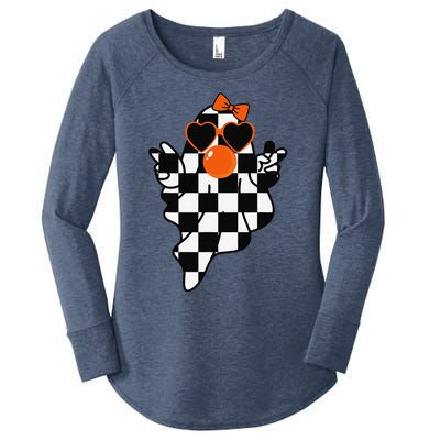 Retro Halloween Checkered Ghost Bow Cute Girly Ghost Bubble Women's Perfect Tri Tunic Long Sleeve Shirt