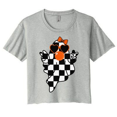 Retro Halloween Checkered Ghost Bow Cute Girly Ghost Bubble Women's Crop Top Tee