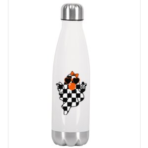 Retro Halloween Checkered Ghost Bow Cute Girly Ghost Bubble Stainless Steel Insulated Water Bottle