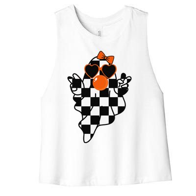 Retro Halloween Checkered Ghost Bow Cute Girly Ghost Bubble Women's Racerback Cropped Tank