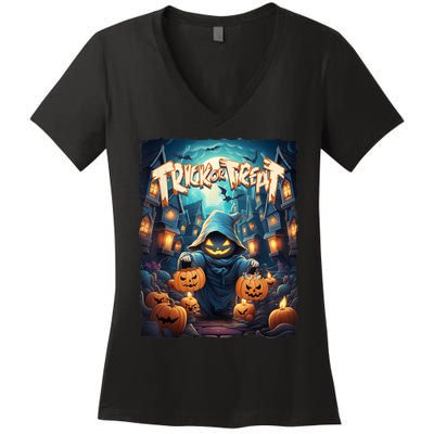 Retro Halloween Cute Ghost Trick Or Treat Spooky Candy Women's V-Neck T-Shirt