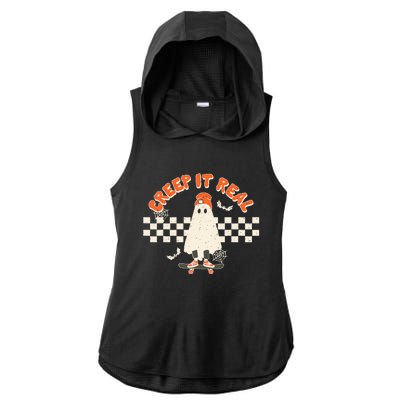 Retro Halloween Creep It Real Vintage Ghost Halloween Ladies PosiCharge Tri-Blend Wicking Draft Hoodie Tank