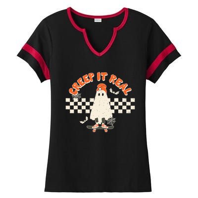 Retro Halloween Creep It Real Vintage Ghost Halloween Ladies Halftime Notch Neck Tee