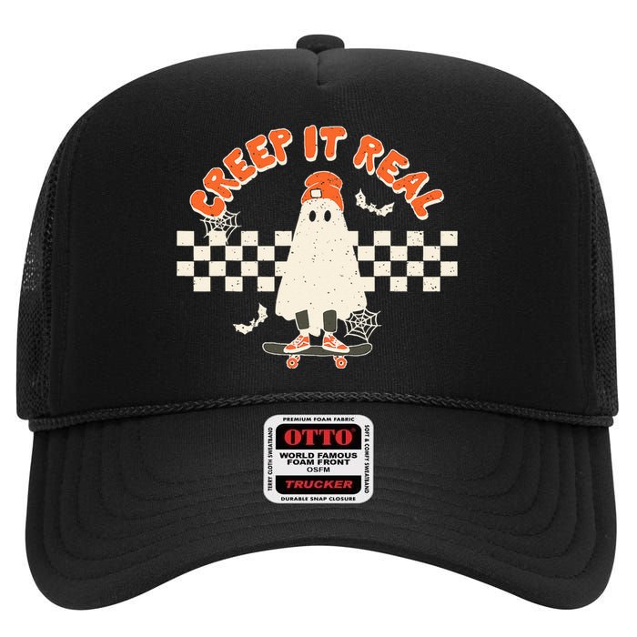 Retro Halloween Creep It Real Vintage Ghost Halloween High Crown Mesh Back Trucker Hat