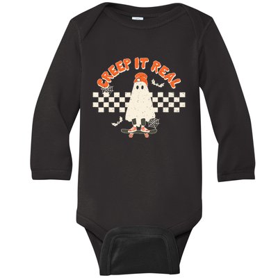 Retro Halloween Creep It Real Vintage Ghost Halloween Baby Long Sleeve Bodysuit