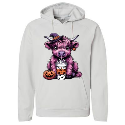 Retro Highland Cow Witch Halloween Highland Cow Lover Women Performance Fleece Hoodie