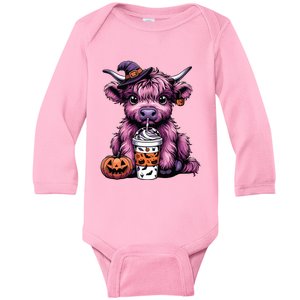 Retro Highland Cow Witch Halloween Highland Cow Lover Women Baby Long Sleeve Bodysuit