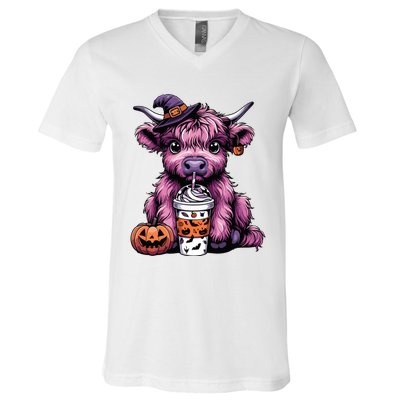 Retro Highland Cow Witch Halloween Highland Cow Lover Women V-Neck T-Shirt