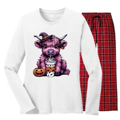 Retro Highland Cow Witch Halloween Highland Cow Lover Women Women's Long Sleeve Flannel Pajama Set 