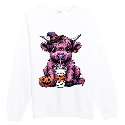 Retro Highland Cow Witch Halloween Highland Cow Lover Women Premium Crewneck Sweatshirt