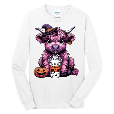 Retro Highland Cow Witch Halloween Highland Cow Lover Women Tall Long Sleeve T-Shirt