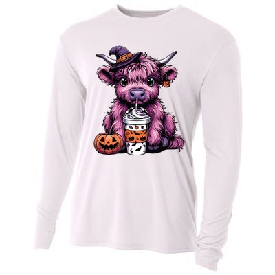 Retro Highland Cow Witch Halloween Highland Cow Lover Women Cooling Performance Long Sleeve Crew