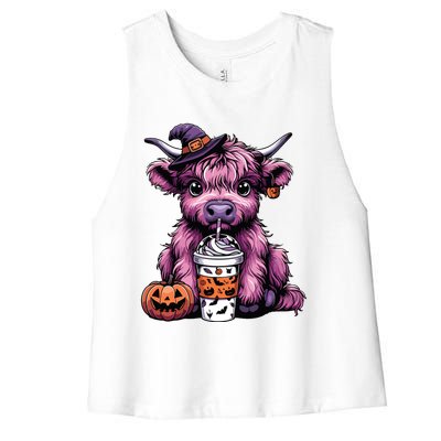 Retro Highland Cow Witch Halloween Highland Cow Lover Women Women's Racerback Cropped Tank