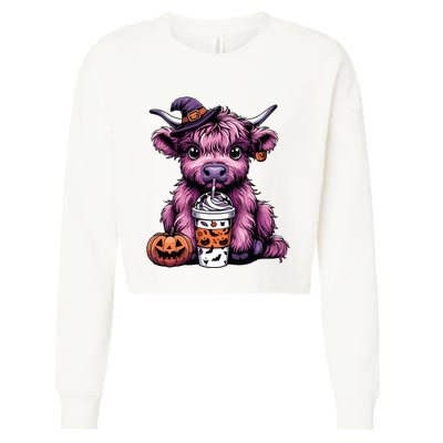 Retro Highland Cow Witch Halloween Highland Cow Lover Women Cropped Pullover Crew