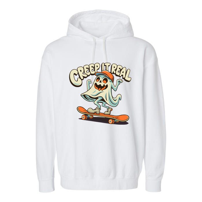 Retro Halloween Creep It Real Vintage Ghost Halloween Garment-Dyed Fleece Hoodie