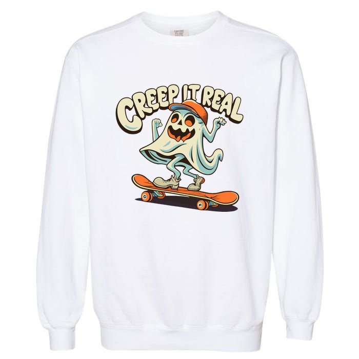 Retro Halloween Creep It Real Vintage Ghost Halloween Garment-Dyed Sweatshirt