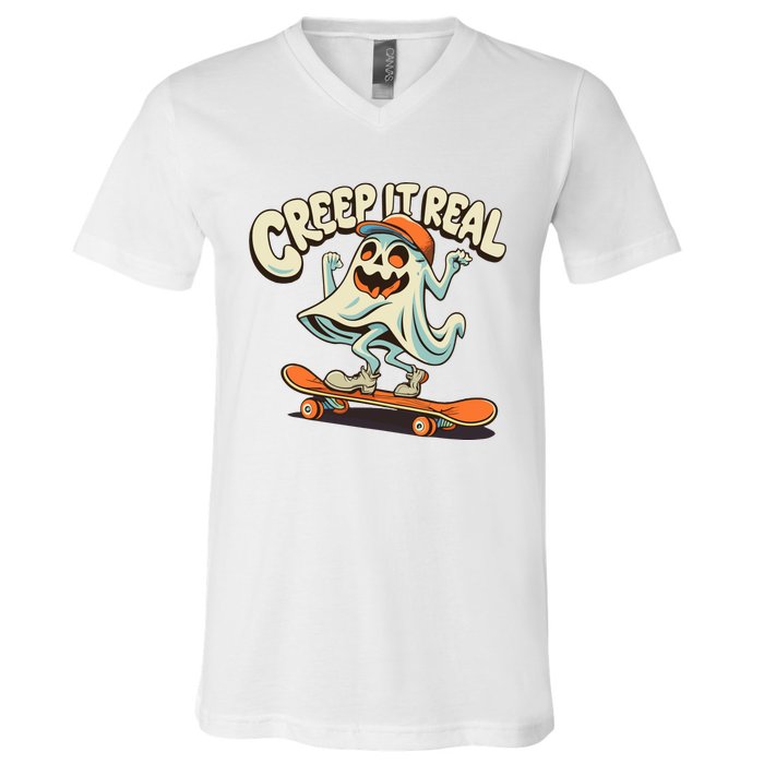 Retro Halloween Creep It Real Vintage Ghost Halloween V-Neck T-Shirt