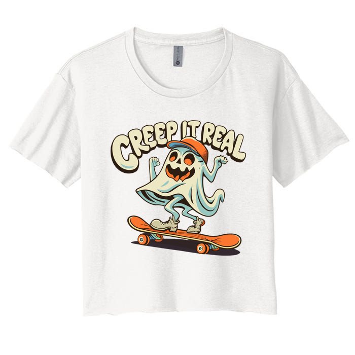 Retro Halloween Creep It Real Vintage Ghost Halloween Women's Crop Top Tee