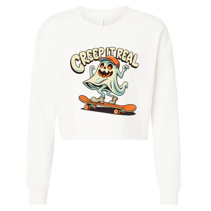 Retro Halloween Creep It Real Vintage Ghost Halloween Cropped Pullover Crew