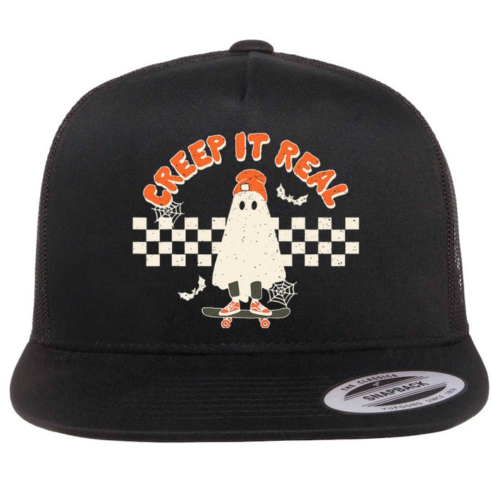 Retro Halloween Creep It Real Vintage Ghost Halloween Flat Bill Trucker Hat