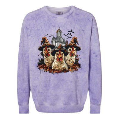 Retro Halloween Chickens Witches Spooky Vibes Farmer Costume Gift Colorblast Crewneck Sweatshirt