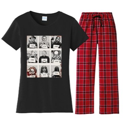 Retro Halloween Creepy Legends Killers Mugshots Horror Fan Women's Flannel Pajama Set