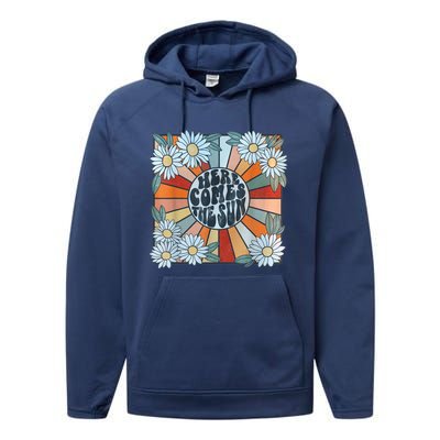 Retro Here Comes The Sun Floral Summer Family Vacation Happy Performance Fleece Hoodie