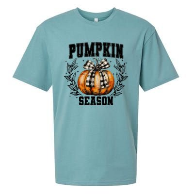 Retro Halloween Coquette Bow Pumpkin Season Sueded Cloud Jersey T-Shirt