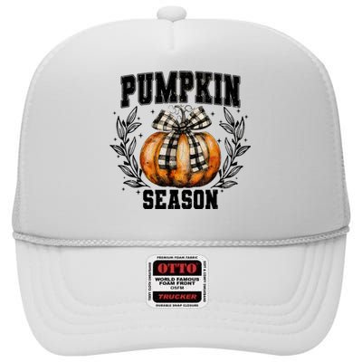 Retro Halloween Coquette Bow Pumpkin Season High Crown Mesh Back Trucker Hat