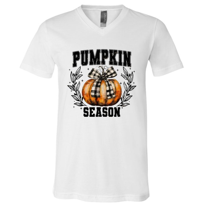 Retro Halloween Coquette Bow Pumpkin Season V-Neck T-Shirt