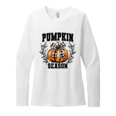 Retro Halloween Coquette Bow Pumpkin Season Womens CVC Long Sleeve Shirt