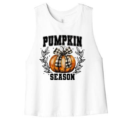 Retro Halloween Coquette Bow Pumpkin Season Women's Racerback Cropped Tank